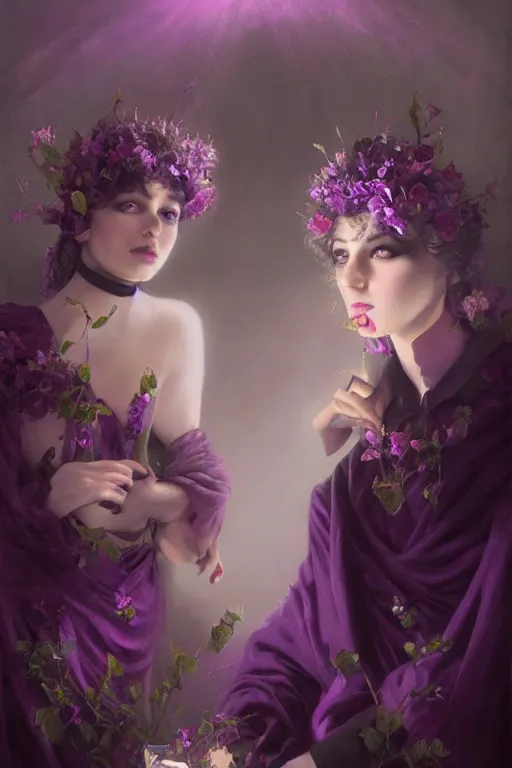 Image similar to goth ballet dripping purple velvet with purple flowers, dramatic lighting, paintings, post processing, painterly, illustration, octane render, hdr, 4 k, 8 k, hd, by edmund blair leighton, brom, charlie bowater, trending on artstation, faces by tom bagshaw, sargent