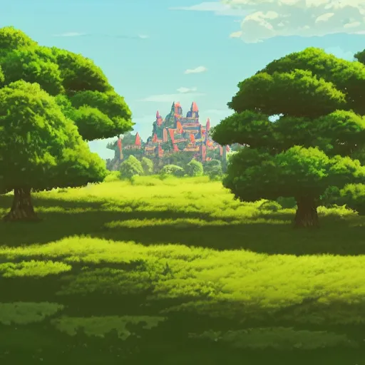 Prompt: a landscape of a single box tree with bushes nearby, studio ghibli, castle in the sky, animated, anime, illustrated, gouache, background on artstation