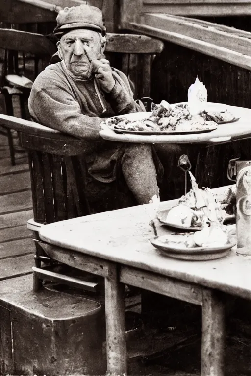 Image similar to the gortons fisherman at red lobster eating a lobster, in the style of eugene atget and peter witkin