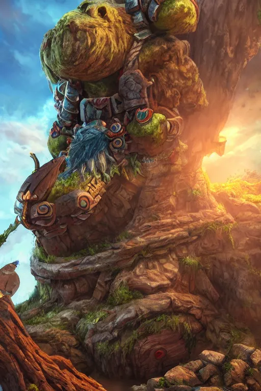 Image similar to zelda fantasy art giant golem troll wood rock greeble gemstone, global illumination ray tracing hdr fanart arstation by sung choi and eric pfeiffer and gabriel garza and casper konefal