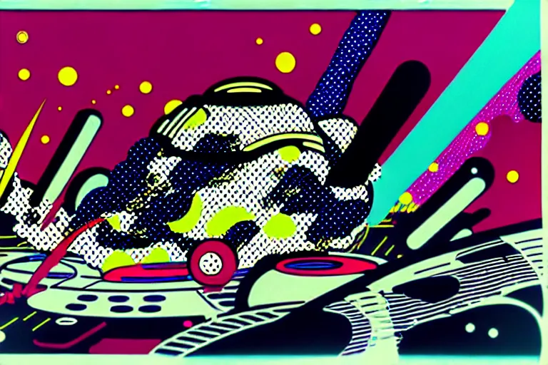 Prompt: ⚠ 👽 💉 ☠ 💢 😱 futuristic japanese cyberpunk by roy lichtenstein, by andy warhol, ben - day dots, pop art, bladerunner, pixiv contest winner, cyberpunk style, cyberpunk color scheme, mechanical, high resolution, hd, intricate detail, fine detail, 8 k