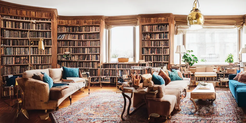 Prompt: insanely detailed wide angle photograph, depth of focus blur, bokeh, atmospheric, award winning interior design living room, dusk, cozy and calm, fabrics and textiles, colorful accents, brass, copper, secluded, many light sources, lamps, hardwood floors, book shelf, library, couch, desk, balcony door, plants