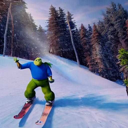 Image similar to shrek skiing, angry, full body shot, cinematic lighting, studio quality