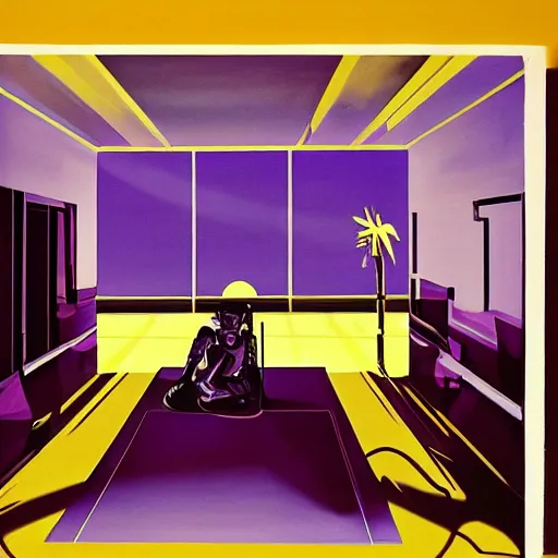 Prompt: painting of a syd mead scifi ancient civilzation empty room, purple sun