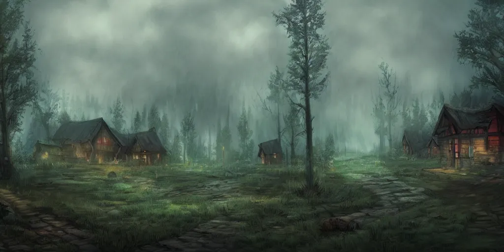 Prompt: village in the woods, ominous mist, high quality masterpiece 2 d game background, artstation