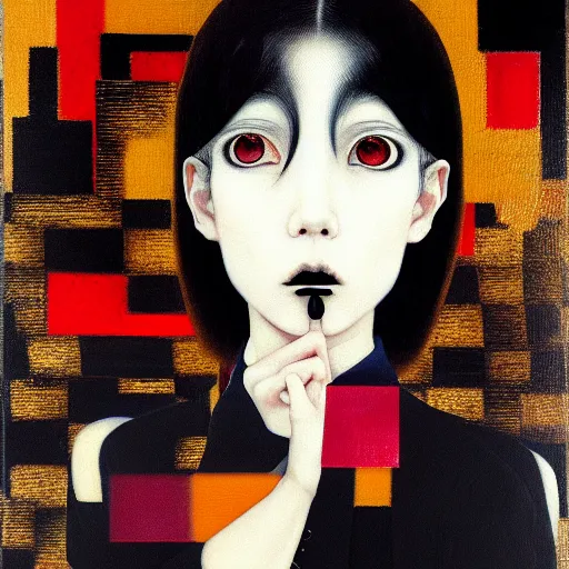 Image similar to yoshitaka amano blurred and dreamy minimalistic oil portrait of a young woman with black lipstick and black eyes wearing dress suit with tie, junji ito abstract patterns in the background, satoshi kon anime, noisy film grain effect, highly detailed, renaissance oil painting, wide brush strokes, weird portrait angle, blurred lost edges