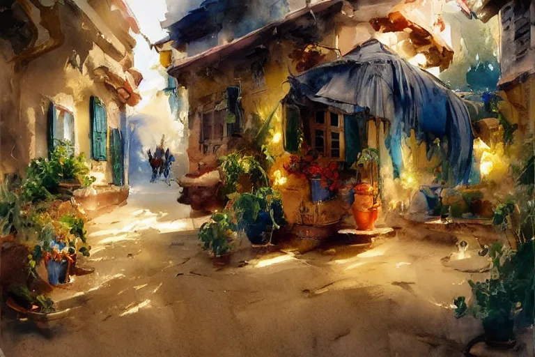 Image similar to paint brush strokes, abstract watercolor painting of rustic mediterranean village at nightfall, lantern, ambient lighting, art by hans dahl, by jesper ejsing, art by anders zorn, wonderful masterpiece by greg rutkowski, cinematic light, american romanticism by greg manchess, creation by tyler edlin