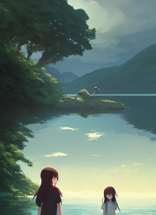 Image similar to girl near the lake with loch ness monster, raily, sad mood, strong lighting, illustration concept art anime key visual trending pixiv fanbox by wlop and greg rutkowski and makoto shinkai and studio ghibli