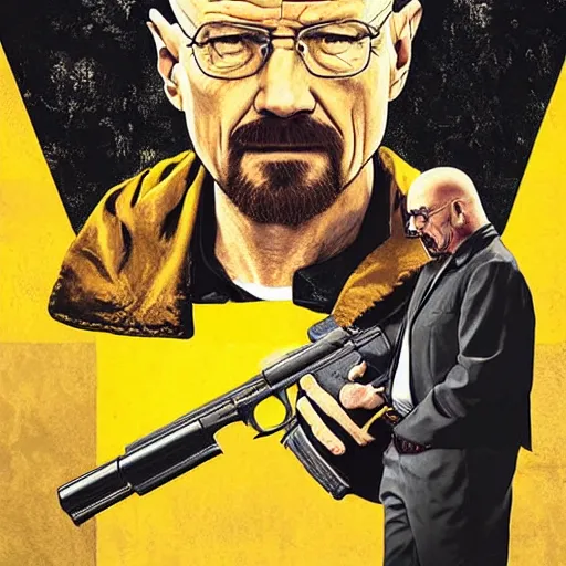 Image similar to Walter white holding a gun to jesse pinkmans head, poster, dramatic