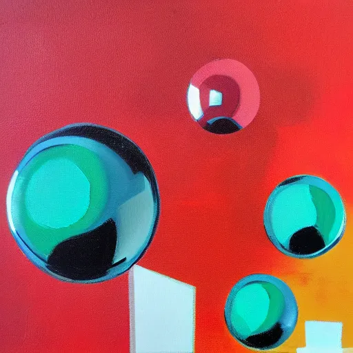 Prompt: chrome spheres on a red cube, acrylic on canvas