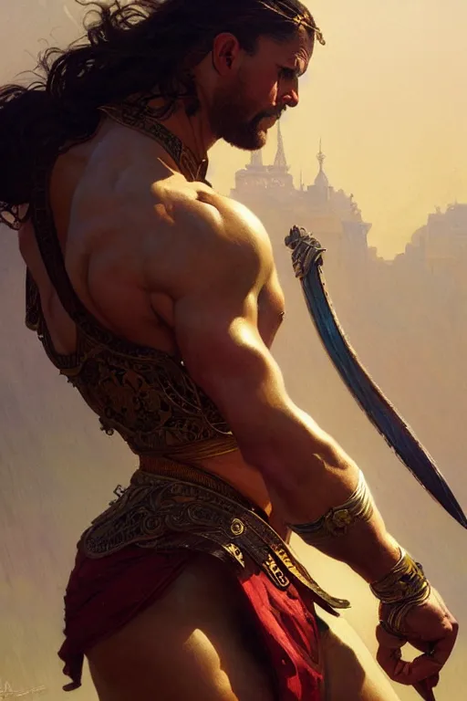 Image similar to Gladiator, gorgeous, amazing, muscular, fit, intricate, highly detailed, digital painting, artstation, concept art, sharp focus, illustration, art by greg rutkowski and alphonse mucha