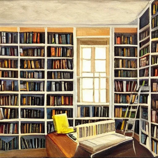 Image similar to painting of an apartment own by a writer, a lot of books on the shelves, desk with typewriter on it, one windows with gentle light