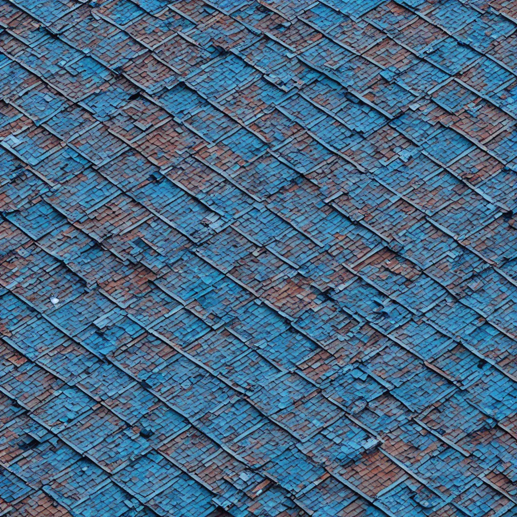 Image similar to photorealistic bird's eye view of single blue rooftop building, seamless texture of bricks on top of roof, 8k