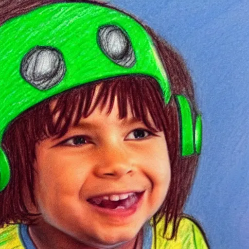 Image similar to crayon drawing of a kid with green headphones drawn by a 6 year old, photorealistic