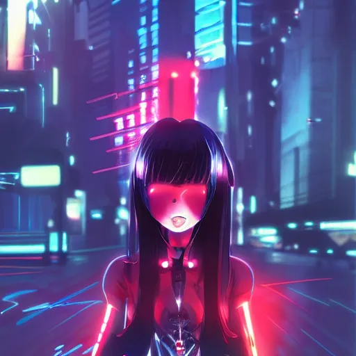 Image similar to digital anime, cyborg - girl standing in the middle of the street bending and refracting light around her, black red long hair!, biomechanical details, neon background lighting, reflections, wlop, ilya kuvshinov, artgerm