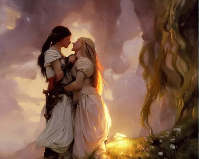 Prompt: romantic fantasy oil painting of a female elf and a female dwarf kissing. fantasy art by greg rutkowski and john singer sargent