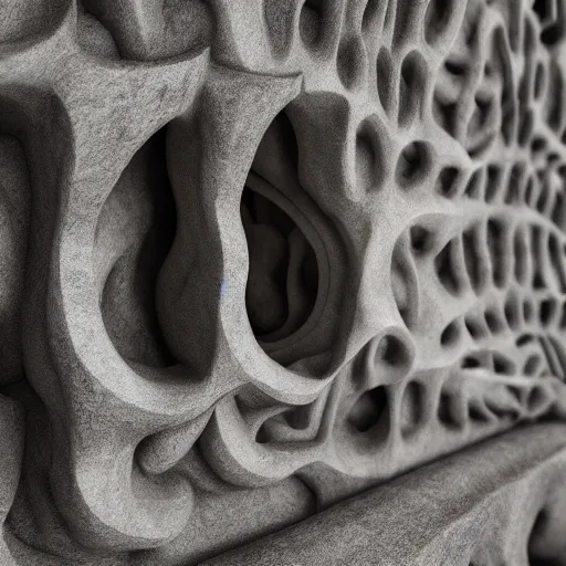 Prompt: a sculpture carved out of stone in the very organic elaborate fluid textures, in a brutalist gallery space of concrete, global illumination, octane render, extreme detail, very intricate, hyperrealism 8 k