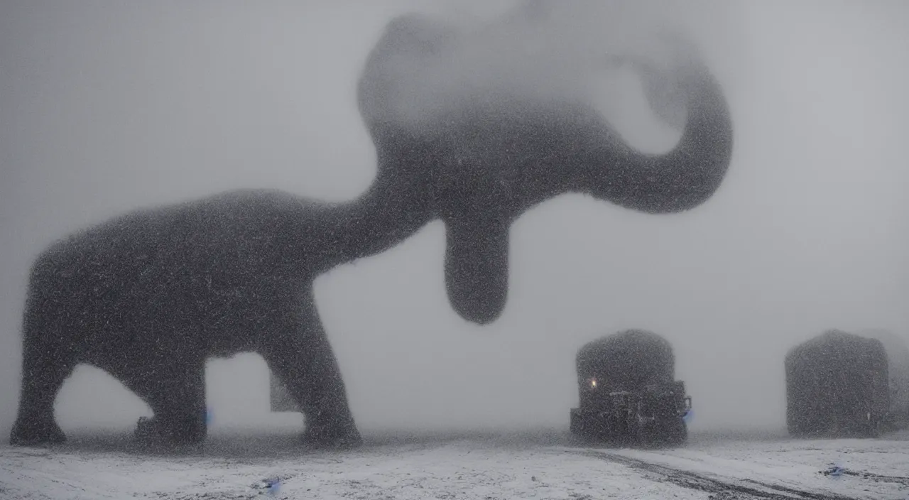 Prompt: “photo of one biomechanical mammoth in an arctic storm with some fog and blizzard, the mammoth drags old gigantic coal wagons with snow, it's a sunset photo with cold tones, some people around ”