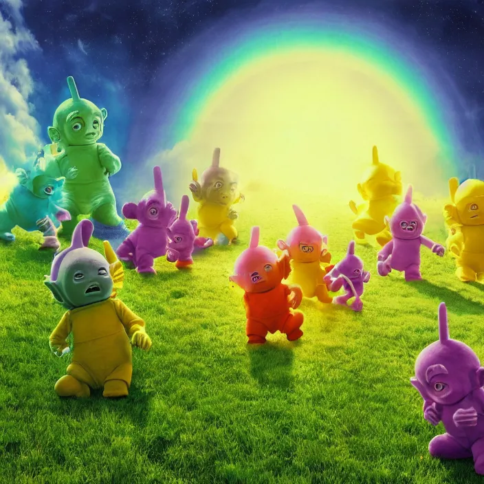 Prompt: teletubbies, photorealism by h. r. giger, tim burton, full colour spectrum, iridescent specular highlights, supersampled, 8 k, beautify