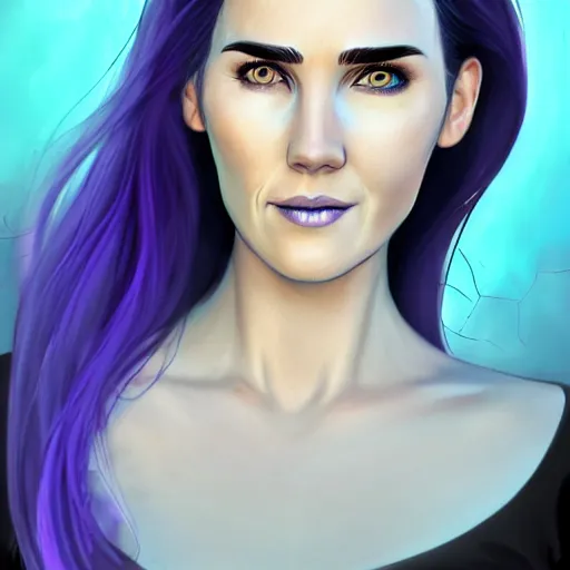 Prompt: beautiful witch female, Jennifer Connelly, blue and purple glowing hair, smiling, clear clean face, two perfect eyes, perfect eyes perfect symmetrical eyes, symmetrical face, blurry background, pose, trending on artstation, Jamie McKelvie comic art, Alexandra Fomina artstation, face by Ilya Kushinov style, style by Loish, painterly style, flat illustration, high contrast