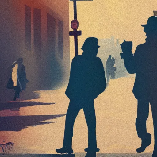 Prompt: Colored concept art, cinematic, Great Depression streets, silhouette people