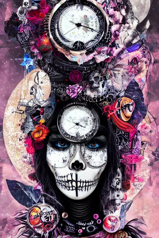 Image similar to Moon Goddess digital collage, moon, skull, punk, steampunk, fashion, soft, vintage maximalist style, digital painting, 4k, HDR, sharp focus, art by Sandra Chevrier, John Hoyland, teamLab fine art with subtle redshift rendering