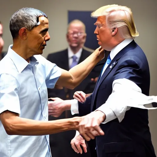 Prompt: barack obama and donald trump engage in a fist fight amongst journalists, photo