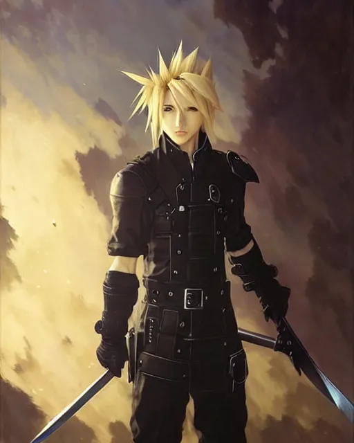 Prompt: cloud strife at starbucks, fantasy character portrait, ultra realistic, anime key visual, full body concept art, intricate details, highly detailed by greg rutkowski, ilya kuvshinov, gaston bussiere, craig mullins, simon bisley