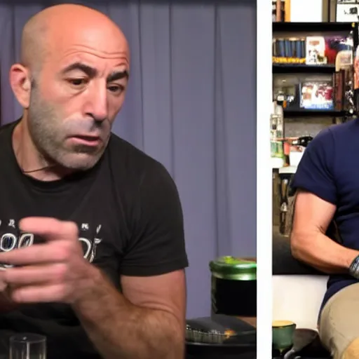 Prompt: joe rogan looking at ari shaffir eating all the psilocybin mushrooms. live on the joe rogan experience