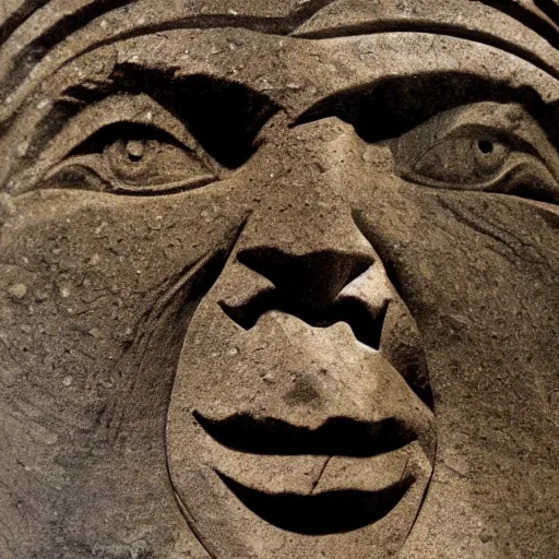 Prompt: a chiseled face carving, spanning across a wall of granite stone, art by da vinci