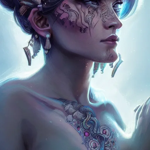 Prompt: goddess portrait, tattoo, unicorn, phoenix head, intricate artwork Tooth Wu, Greg Rutkowski, RPG, dynamic lighting, fantasy art, high contrast, depth of field, high detail, smooth gradients