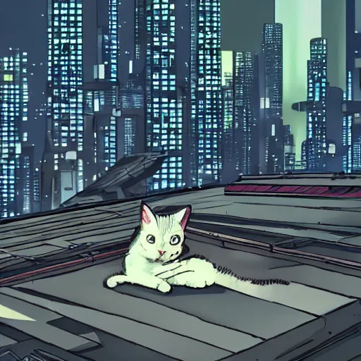 Image similar to Stray cat sitting on a roof watching a cyberpunk futuristic city