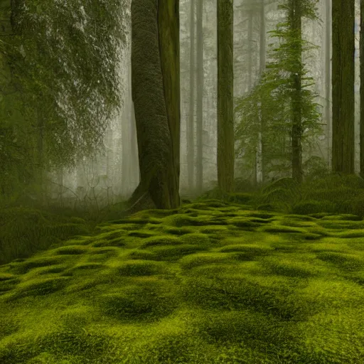 Image similar to Foggy forest with huge trees overgrown with moss and lianas, a hunter in combat wooden exoskeleton with chrome details walks between the roots. 64 megapixels, 8K resolution, DSLR filmic HDR, 3D shading Behance HD CGSociety Cinema 4D IMAX shadow depth rendered in Blender Unreal Engine hyperrealism photoillustration, lots of reflective surfaces, subsurface scattering