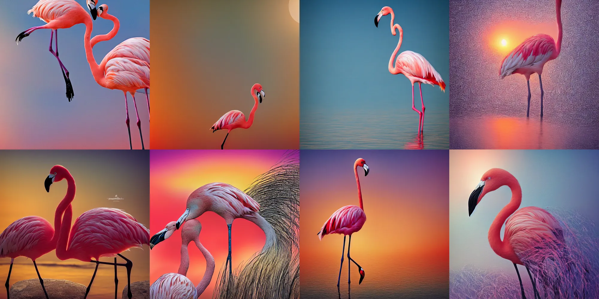 Prompt: beautiful photo of a flamingo with opal pattern feathers, wildlife photography, sunset background, 4 k, photorealistic, detailed, photographed by marina cano