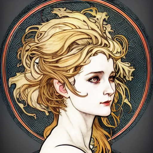 Image similar to in the style of artgerm, arthur rackham, alphonse mucha, evan rachel wood, symmetrical eyes, symmetrical face, flowing white dress, hair blowing, single face, warm colors