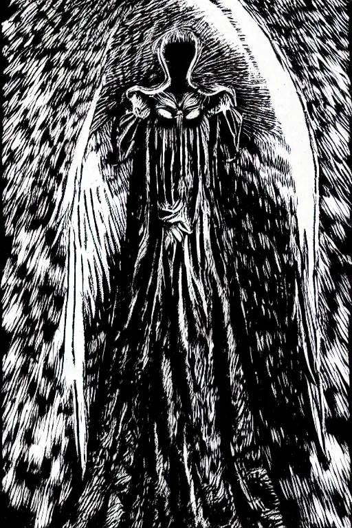 Prompt: angel of death smiling in the dark night, junji ito,