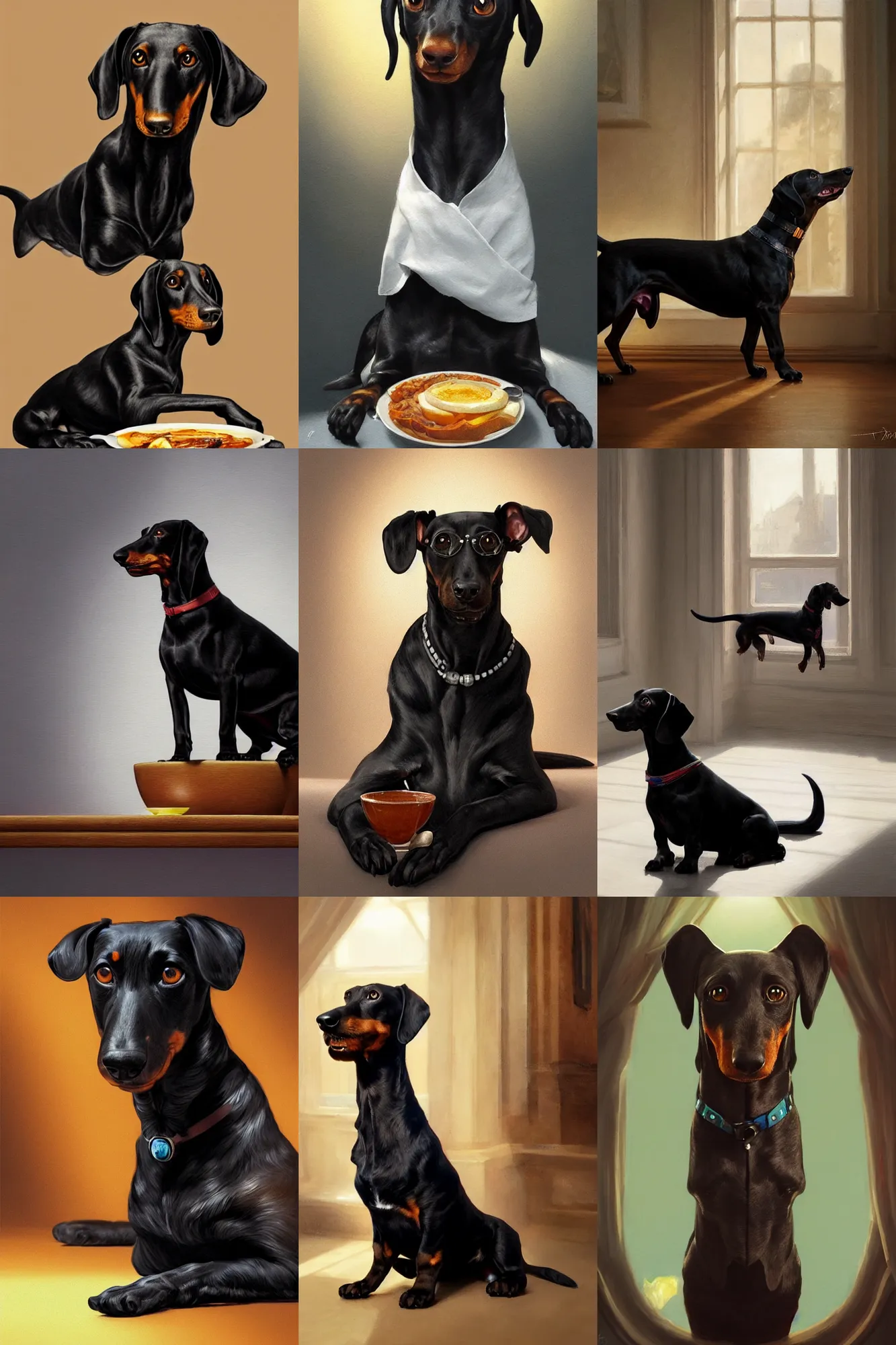 Prompt: black dachshund in breakfast at tiffany's, anatomy, bathed in light, highly detailed, photorealistic, artstation, smooth, sharp focus, illustration, unreal engine 5, 8 k, art by artgerm and greg rutkowski and edgar maxence, trending on artstation