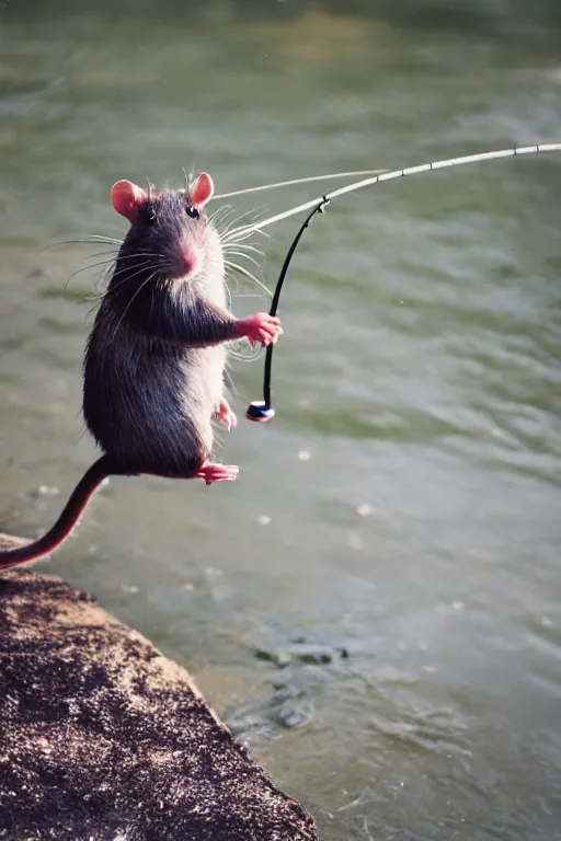 Prompt: 35mm photo of a rat holding a fishing pole at a riverbank, rat, fishing pole, water, well lit