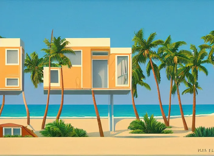 Image similar to houses near the beach, palm trees, 8 0's aesthetic, kenton nelson,