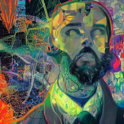 Image similar to a joyful hacker with a subtle beard is surrounded by birds, neon virtual networks, and information visualization, oil on canvas inspired by dave mckean and yoji shinkawa