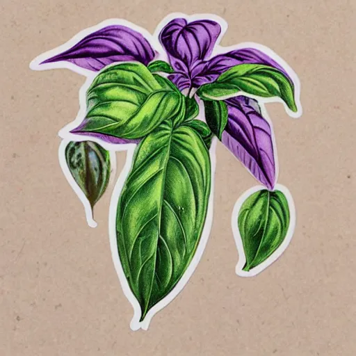 Prompt: purple basil leaf botanical illustration cute small sticker by pierre - joseph redoute