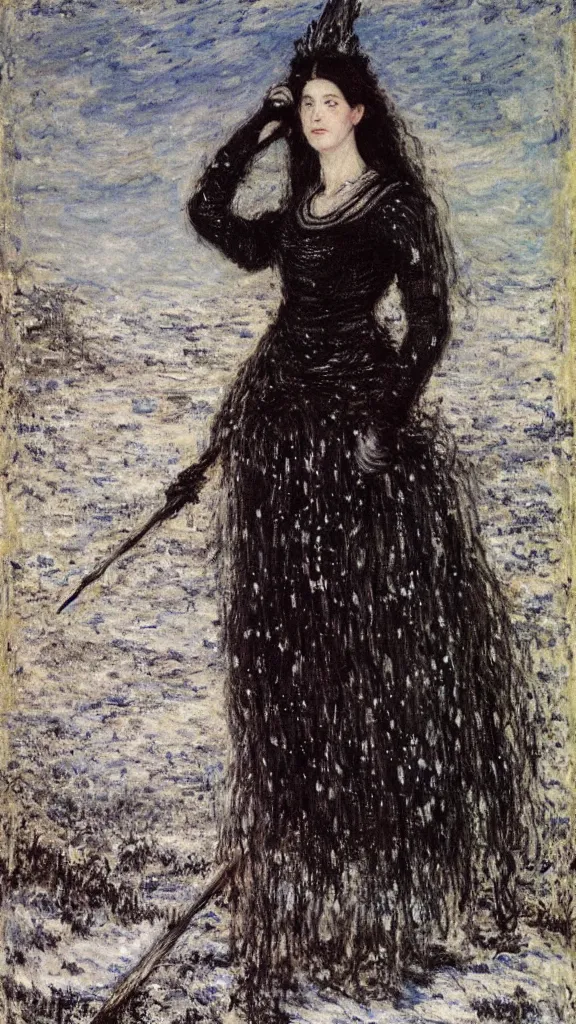 Prompt: a tall woman with very black hair and pale skin with a crown and a spear in her hand in a snowy landscape, fine art, splatter paint, impressionist mosaic, light art, complimentary - colors, tones of black in background, 2. 5 - dimensional, cinematic lighting, by claude monet, by pre - raphaelite brotherhood : : john everett millais gustav klimt