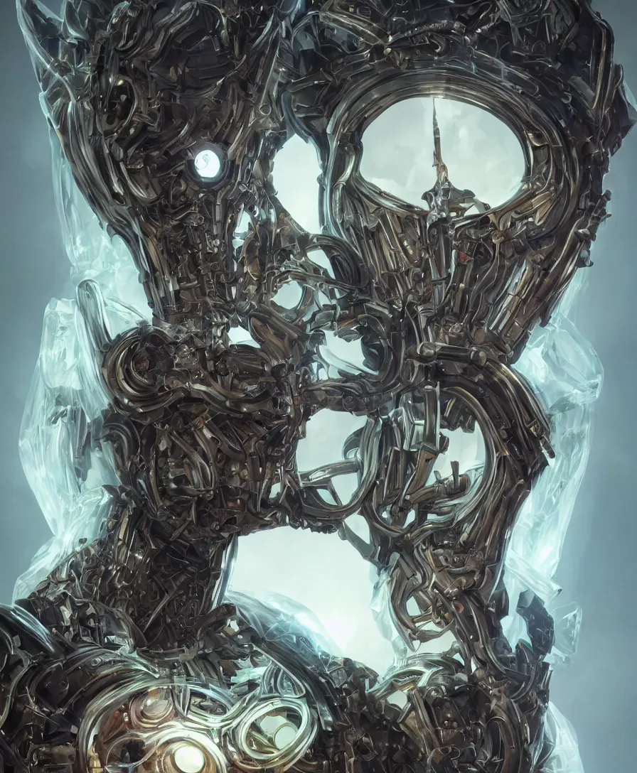 Prompt: symmetrical artwork. high contrast. increased sharpness. close-up portrait of one biomechanical lich with halo with transparent skin made of glass, artgerm, jarold Sng and Stephen Oakley, octane render, peter mohrbacher, artstation