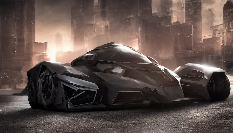 Image similar to rollcage batmobile, realistic, volumetric light, hyperdetailed, artstation, cgsociety, 8 k