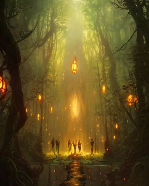 Prompt: magical forest city of the elves, fireflies, deep focus, d & d, fantasy, intricate, elegant, highly detailed, digital painting, artstation, concept art, matte, sharp focus, illustration, hearthstone, art by greg rutkowski and alphonse mucha and andreas rocha