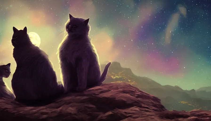 Image similar to cats on the hill looking at the stars in the sky together at night, moon and stardusts, hyperdetailed, artstation, cgsociety, 8 k