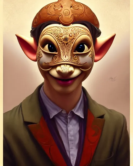 Image similar to portrait of disney happy mask salesman from zelda, intricate, elegant, highly detailed, my rendition, digital painting, artstation, concept art, smooth, sharp focus, illustration, art by artgerm and greg rutkowski and alphonse mucha and uang guangjian and gil elvgren and sachin teng and wlop, symmetry!!