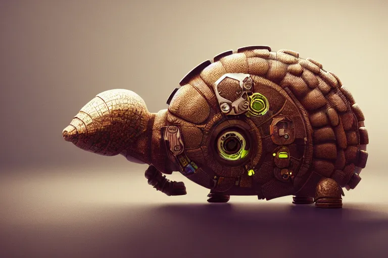 Image similar to an industrial design render of an advanced robotic biomorph armadillo behind a snail, industrial, biomimetic, bionic, steampunk, 3D octane render, 8K, artstation