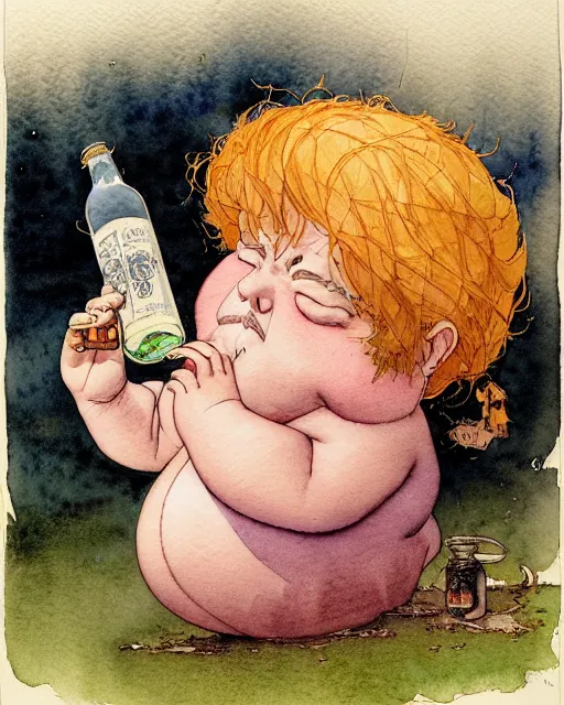 Prompt: a realistic and atmospheric watercolour fantasy character concept art portrait of a fat, chibi quigon jin drinking out of a bottle with pink eyes wearing a wife beater. by rebecca guay, michael kaluta, charles vess and jean moebius giraud