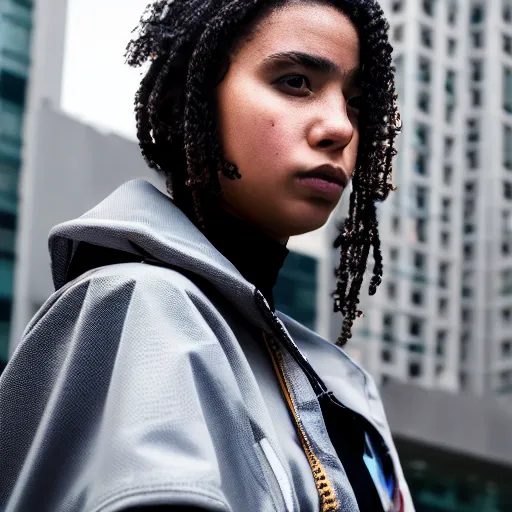 Image similar to candid photographic portrait of a poor techwear mixed young woman outside a brutalist future corporate office, closeup, sigma 85mm f/1.4, 4k, depth of field, high resolution, 4k, 8k, hd, full color